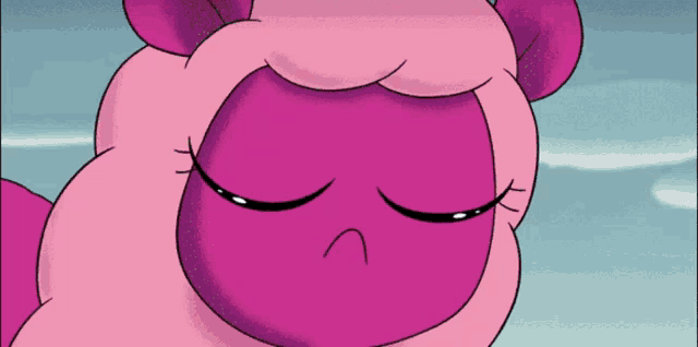 a pink cartoon character with a sad face