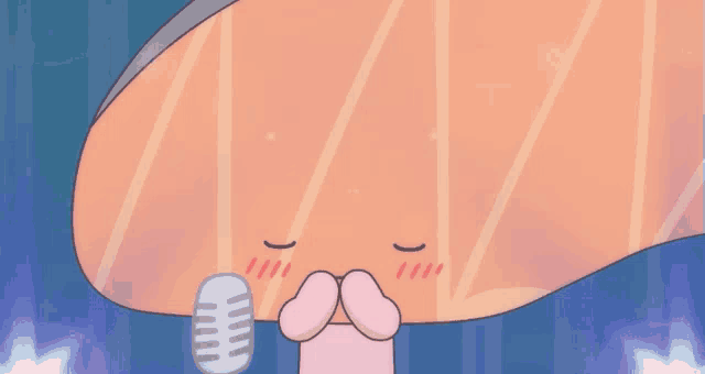 a cartoon character holding a microphone with a heart behind it