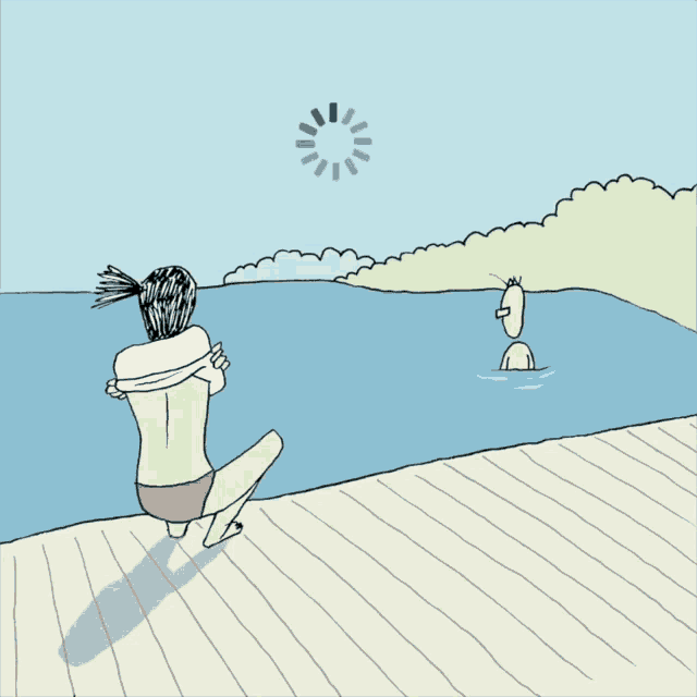 a cartoon of a woman sitting on a dock looking at a man swimming in the water