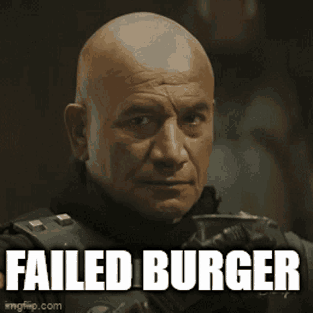 a bald man is holding a cup with the words failed burger written on it .