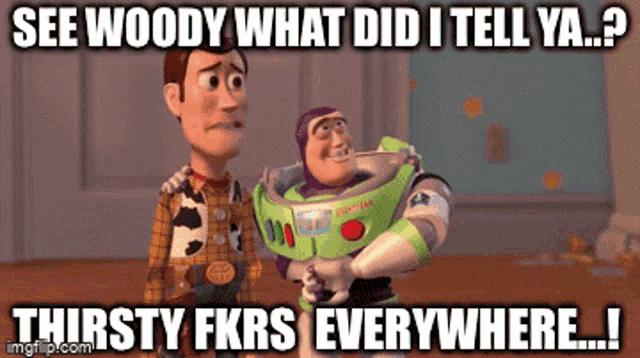 a meme of woody and buzz lightyear with the caption see woody what did i tell ya thirsty fkrs everywhere