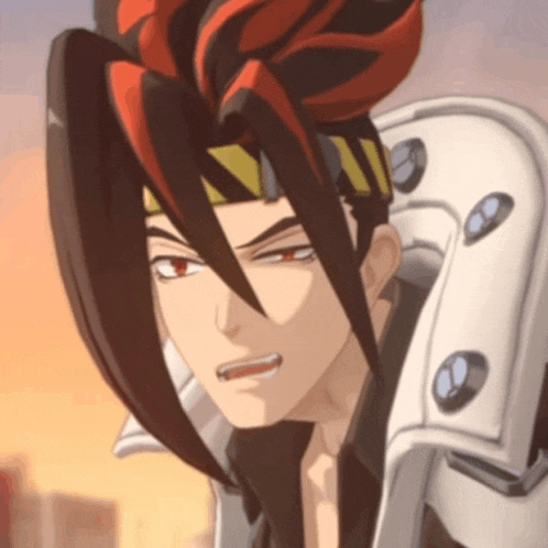 a close up of a cartoon character 's face with red and black hair