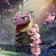 a pink dinosaur with blue eyes is in the water with trees in the background