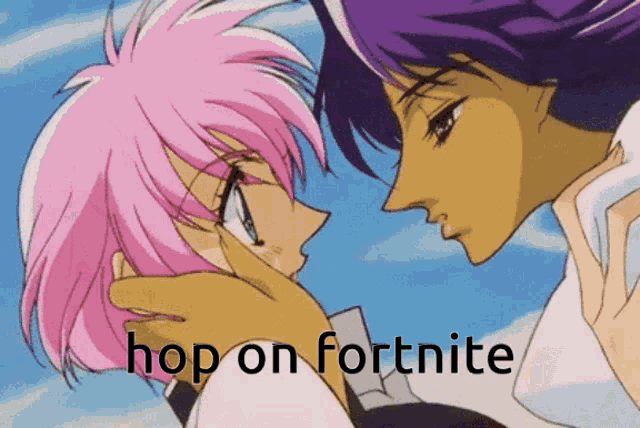 a couple of anime characters with the words hop on fortnite written below them