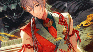 a drawing of a man in a red and white outfit with a butterfly necklace