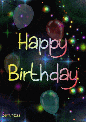 a happy birthday card with balloons and stars on a black background