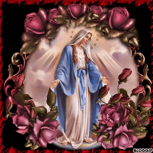 a painting of a woman surrounded by pink roses with the words bloggif at the bottom
