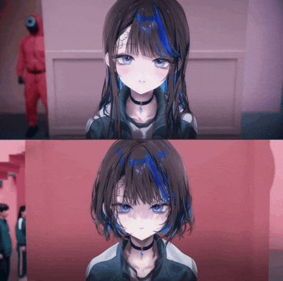 a girl with blue hair is standing in front of a red wall
