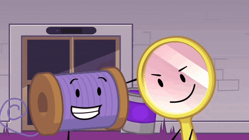 a cartoon character with a magnifying glass next to a spool of yarn