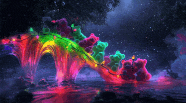 a group of teddy bears are walking across a bridge with rainbow lights