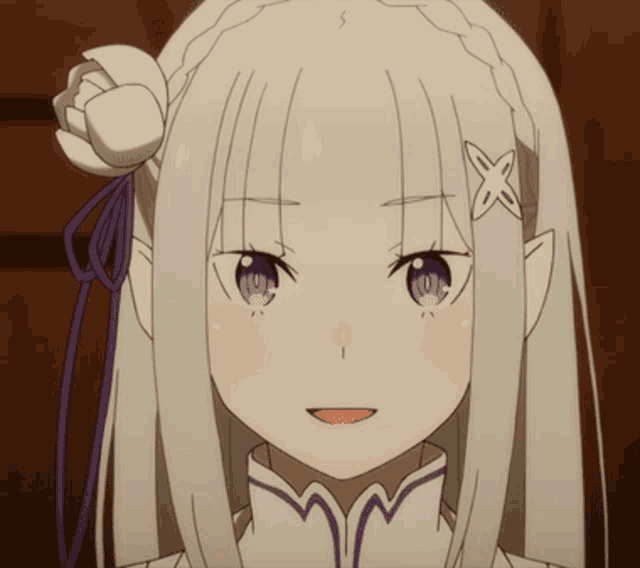 a girl with white hair and purple eyes has an x in her hair