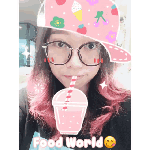 a girl with pink hair wearing glasses and a hat with food world written below her