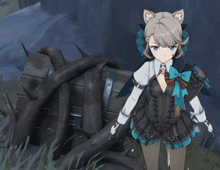 a girl with cat ears is standing next to a wooden trunk