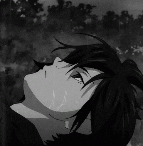 a black and white drawing of a person with their eyes closed