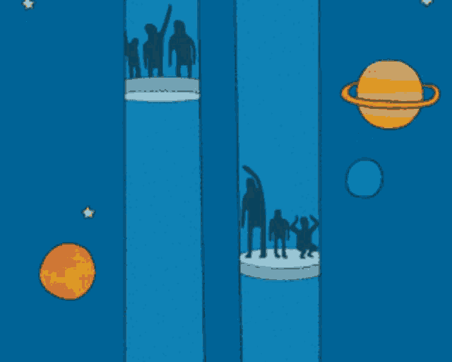 a cartoon drawing of a group of people standing in front of a red planet