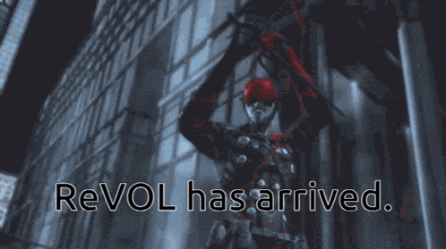 a red and black superhero with the words revol has arrived