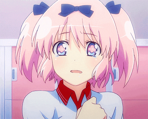 a girl with pink hair and blue eyes has a bow on her head