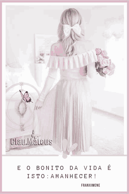 a woman in a pink dress holding a bouquet of roses