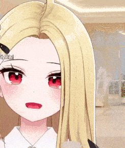 a close up of a blonde anime girl with red eyes and chinese writing