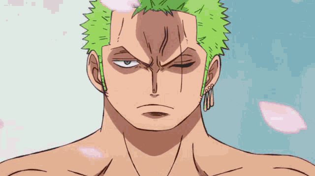 a man with green hair is holding a purple sword in his hand .