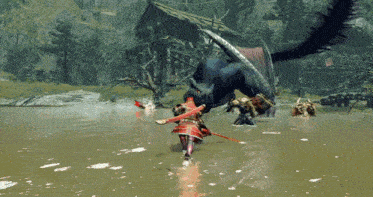 a video game character is fighting a monster in a flooded area .