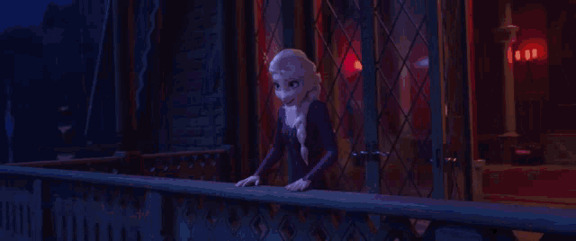 a woman in a purple dress is standing on a balcony at night