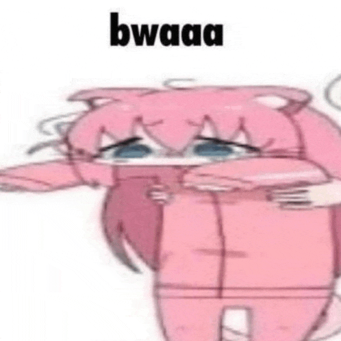a pink cartoon character is covering her face with her hands and the word bwaaa is above her .