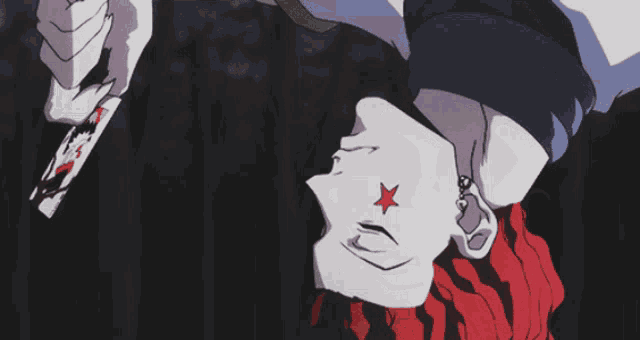 a person with red hair is holding a bloody joker card