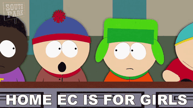 a group of south park characters are sitting in a row