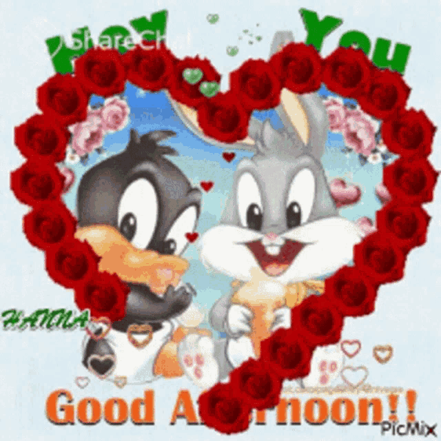 a good afternoon greeting card with bugs bunny and daffy duck surrounded by roses