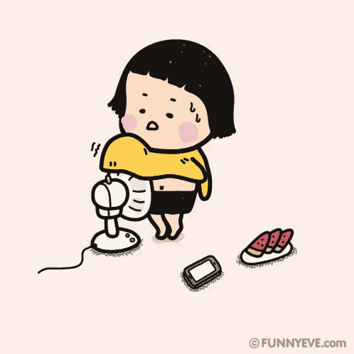 a cartoon of a girl holding a fan with funnyeve.com written on the bottom right