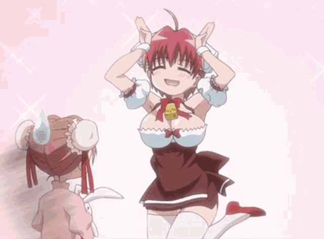 a girl with red hair and a bell around her neck is smiling
