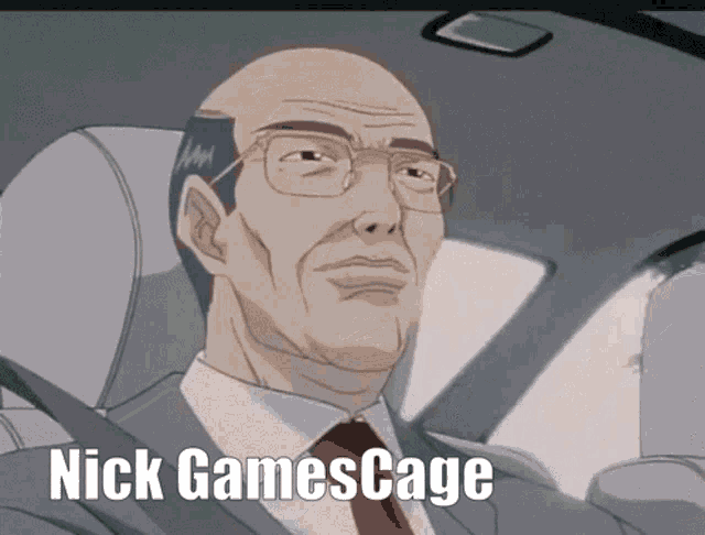 a man in a suit and tie is sitting in a car with the name nick gamescage written on the bottom