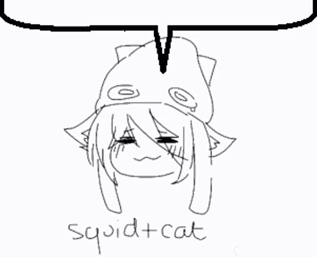 a black and white drawing of a girl wearing a cat hat with a speech bubble above her head .
