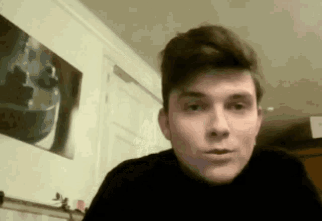 a young man in a black shirt looks at the camera with a painting on the wall behind him