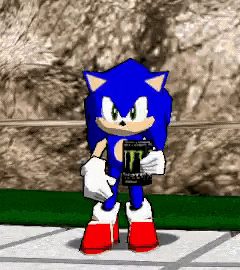a cartoon of sonic the hedgehog holding a monster energy drink .