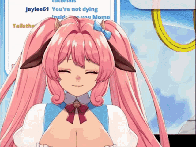 a cartoon girl with pink hair and horns is smiling in front of a sign that says " you 're not dying "