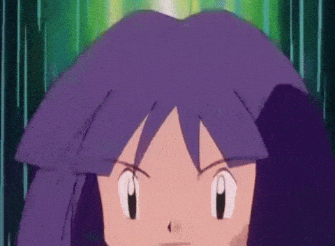 a close up of a cartoon character with purple hair and a green background .