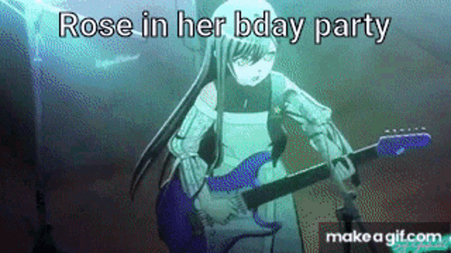 a girl is playing a guitar in front of a microphone at a birthday party .