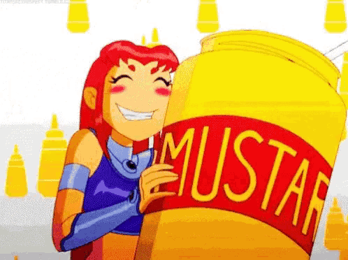 a cartoon girl is hugging a jar of mustard .