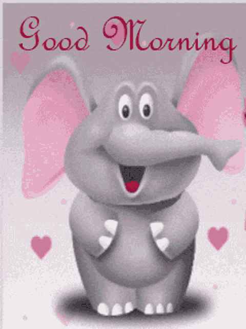 a cartoon elephant says good morning with pink hearts around him