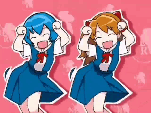 two anime girls are dancing together on a pink background in a cartoon .