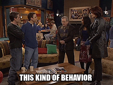 a group of people standing around a coffee table with the words " this kind of behavior " above them