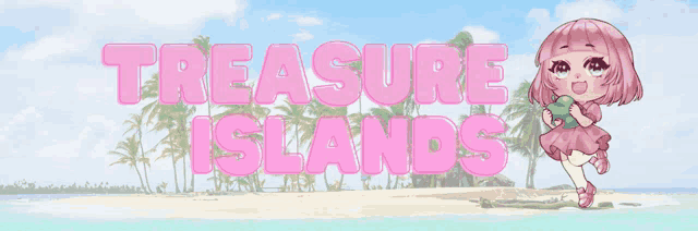 a girl with pink hair stands on a beach with the words treasure islands