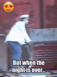 a man is riding a scooter with the words but when the night is over