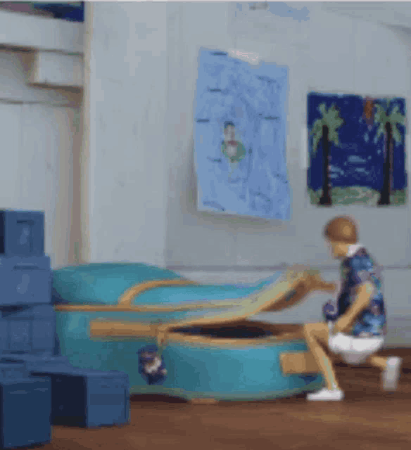 a cartoon of a boy kneeling next to a suitcase