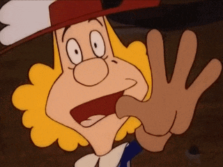 a cartoon character with blonde hair and a red hat is waving his hand