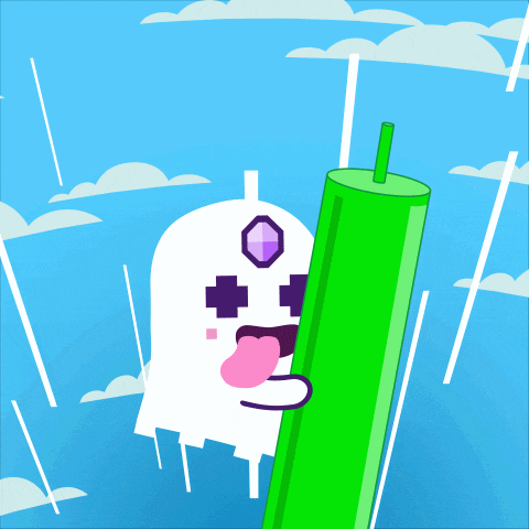 a cartoon of a ghost sticking its tongue out and holding a green object