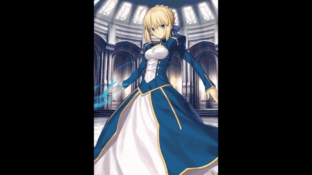a woman in a blue and white dress is standing in a room