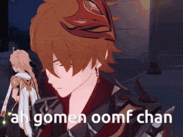 a cartoon character with the words ah gomen oomf chan above him